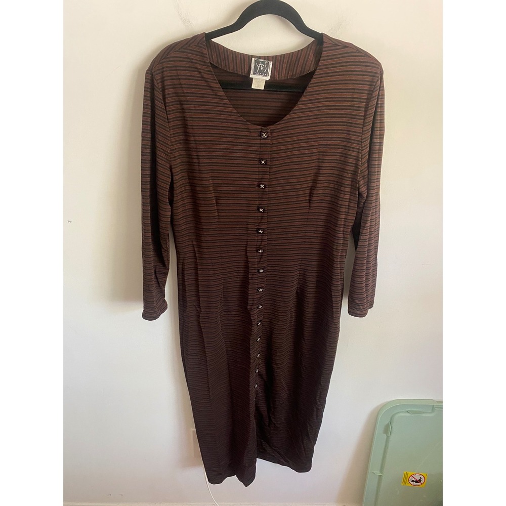 Vintage Yes Fashion Brown Striped Button Front Midi Dress Womens XL Long Sleeve